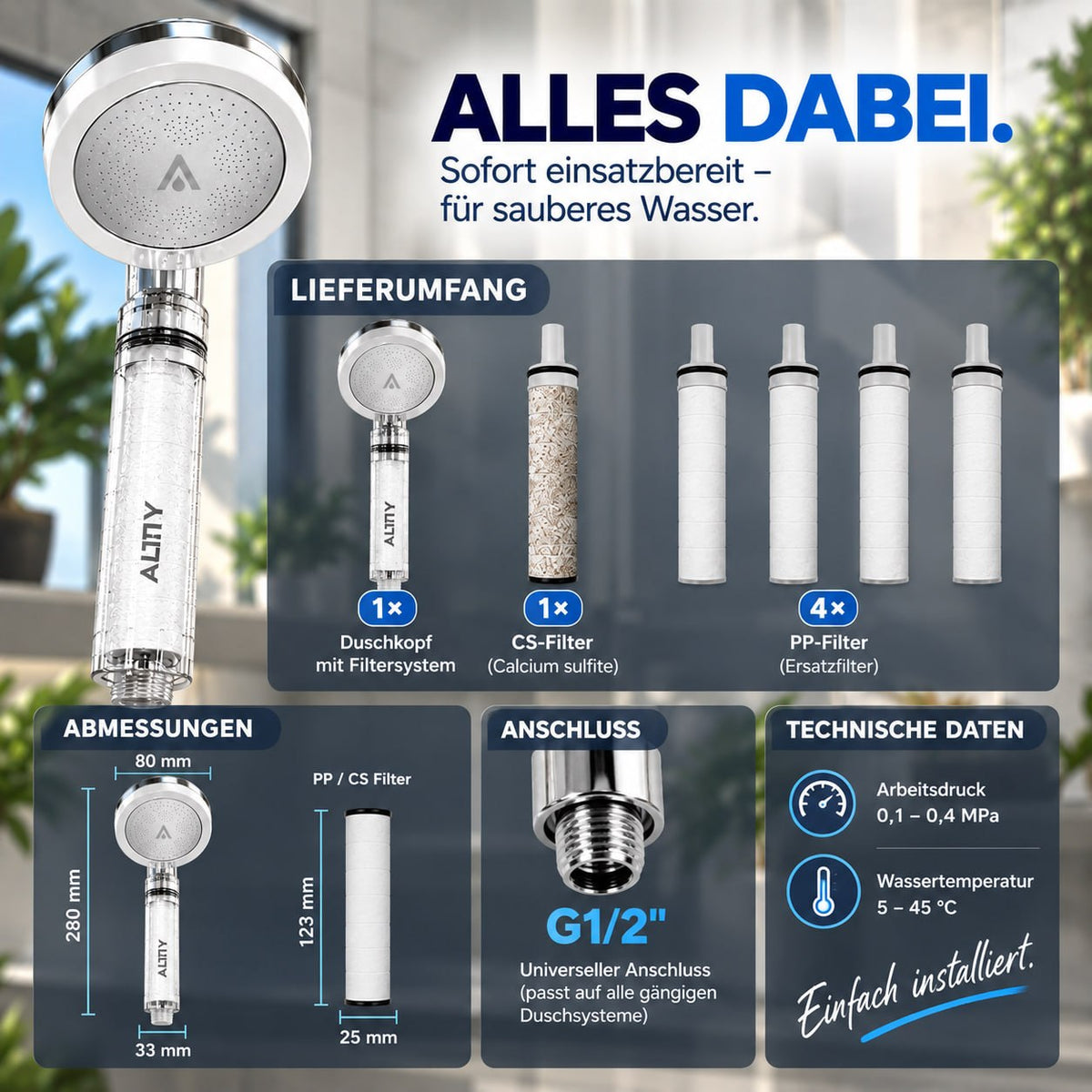 ALTHY Hochdruck-Duschkopf-Wasserfilter inkl. Filter-Paket